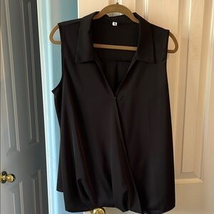 Black Sleeveless Wrap Blouse with Notched Collar